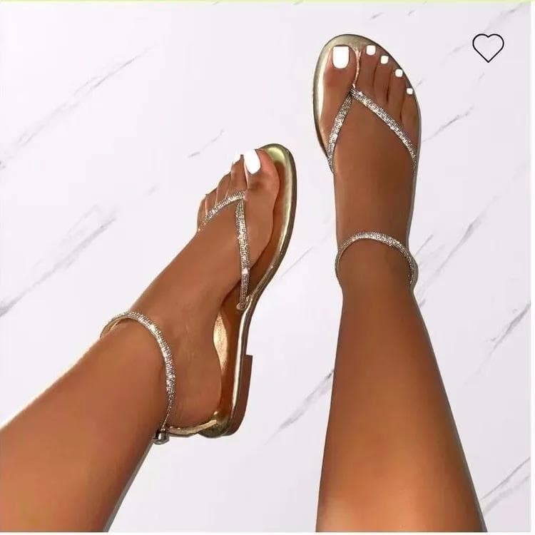 Sandale de damă cu curele la gleznă de vară 2024, decorațiuni noi cu strasuri, tanga, șlapi, moda în aer liber, sandale romane plate aurii cm