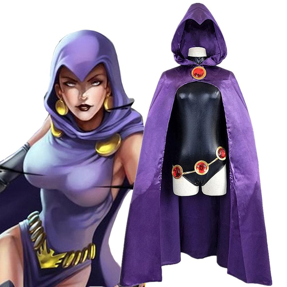 Teen Titans Super Hero Raven Costum Cosplay Femei Body negru Violet Manta cu glugă Salopete Costum de petrecere de Halloween cm bej