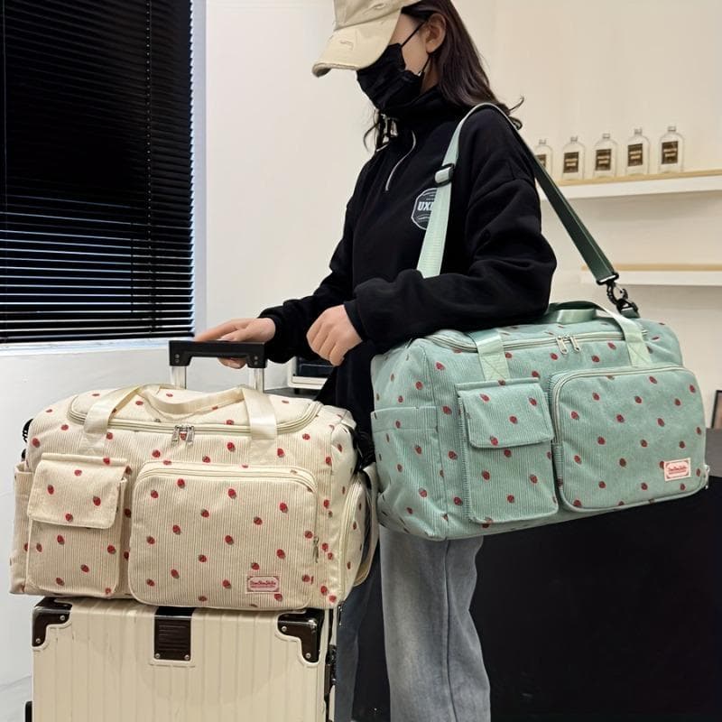 Geantă Duffel Mare cu Imprimeu Căpșuni și Multiple Compartimente - Nailon Durabil, Casual pentru Sală și Călătorii, Mânere Ranforsate și