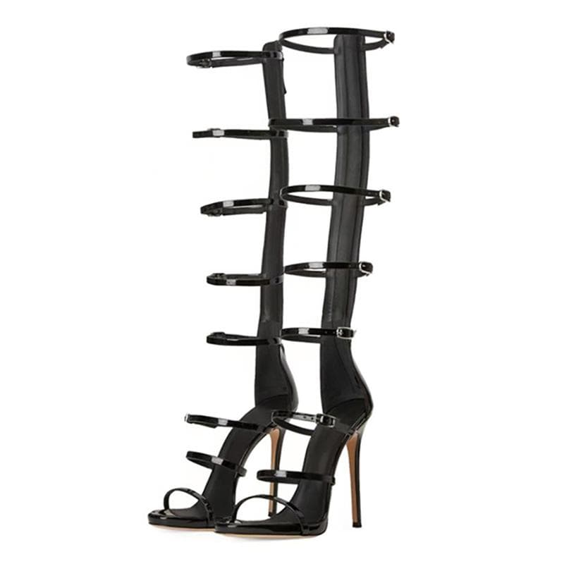 Modă Vară Femei Cizme Cool Nou 2025 Sandale Sexy cu Toc Înalt de 10cm Cataramă Negru Auriu Rochie Petrecere Cizme de Genunchi pentru Femei Mărime