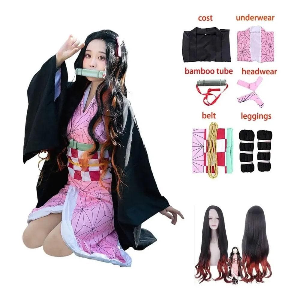 Femei adulte Anime Demon Slayer Kamado Nezuko perucă Cosplay Costum lung și ondulat Costum kimono haine copii fete cm