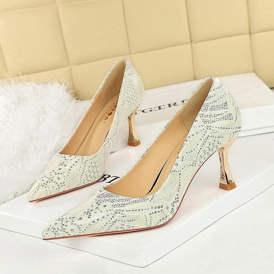 Gentle and Intellectual Lace Mid Heel with Irregular Patterns and Fine Heels, Professional Women's Single Shoes cm culoarea șampaniei