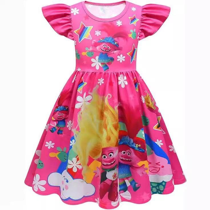 Rochie de fete Troll, rochie cu mânecă zburătoare, desene animate, personaj de film, imprimare la modă, drăguț, casual, rochie cm