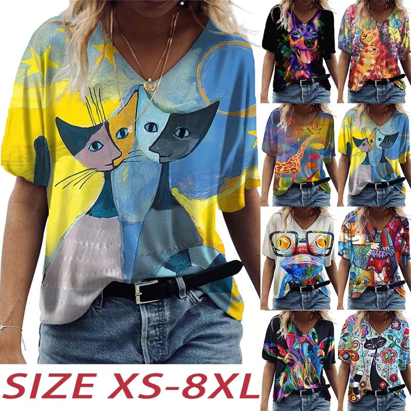 De damă, cu decolteu în V, cu mânecă scurtă, cu imprimeu cu diverse animale, tricou, bluză casual cm negru