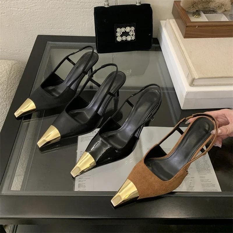 Pantofi cu toc înalt și baretă la călcâi, cu vârf ascuțit, pentru femei, Sandale Stripper, Pantofi de damă, Mărimi 35-40 cm negru