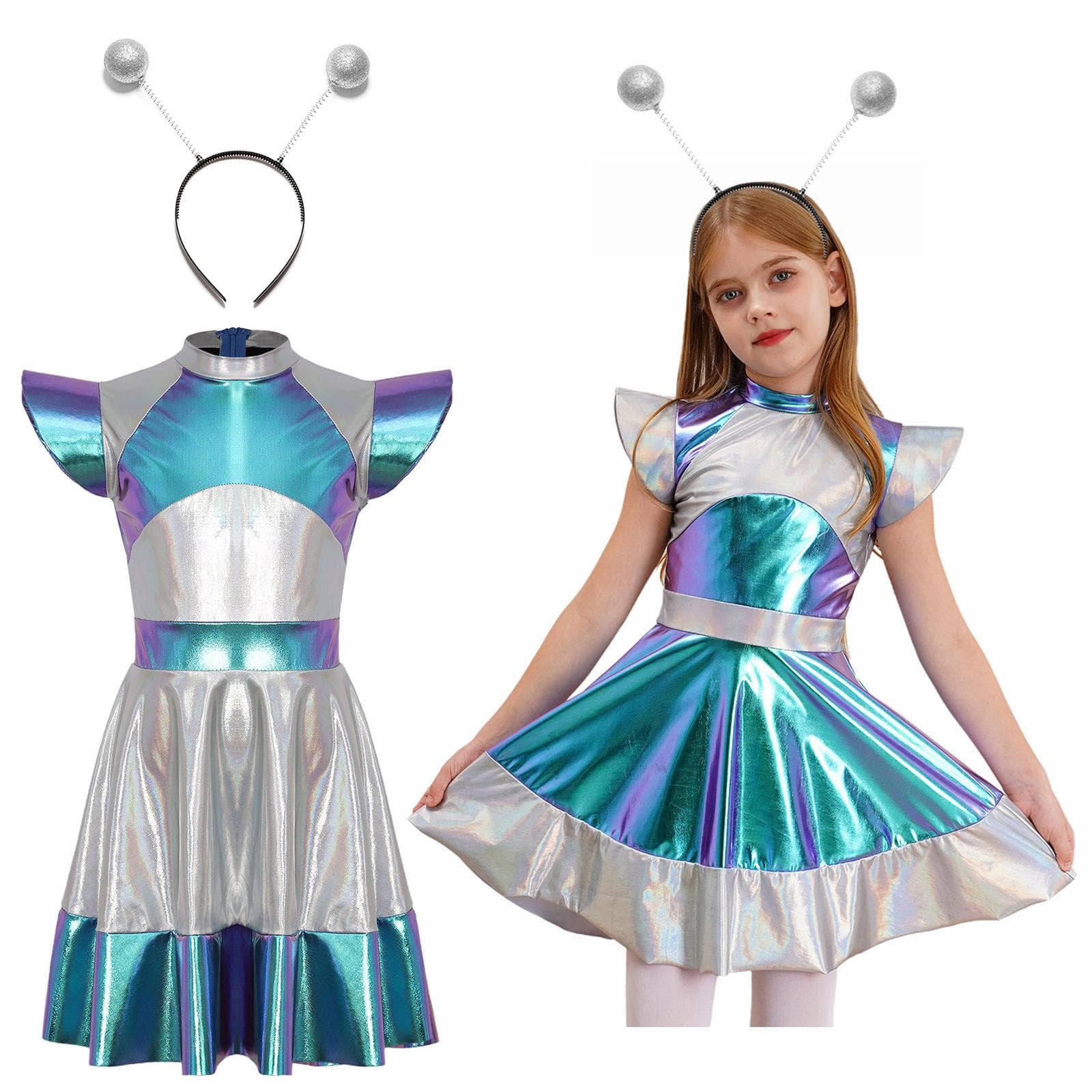 Costum Cosplay Halloween Alien pentru Fete, Tematică Spațiul Cosmic, Rochie pentru Joc de Rol cu Seturi de Accesorii Amuzante cu Bentiță Alien cm