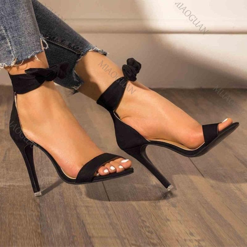 Pantofi cu toc înalt sexy pentru femei, pantofi de vară, gură de pește, fundă, gol, sandale gladiator, culoare solidă, piele scamosată, toc