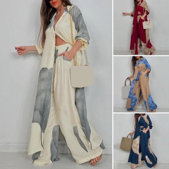 Costum pentru femei, cu decolteu în V, cu imprimeu în patchwork, cu pantaloni și pantaloni, în culori contrastante. cm caisă
