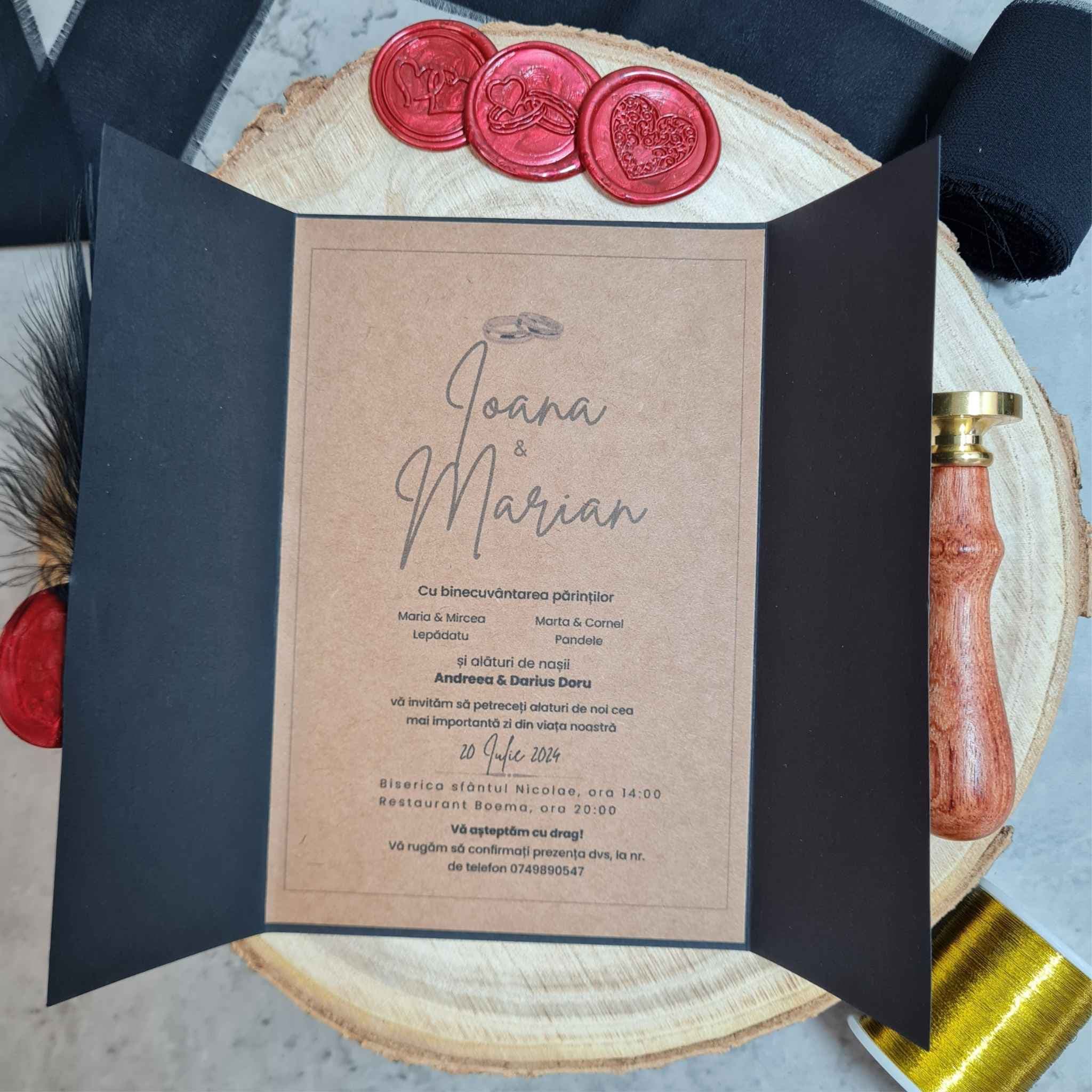 Invitatie de Nunta cu pana si sigiliu rosu vintage "Save the date"