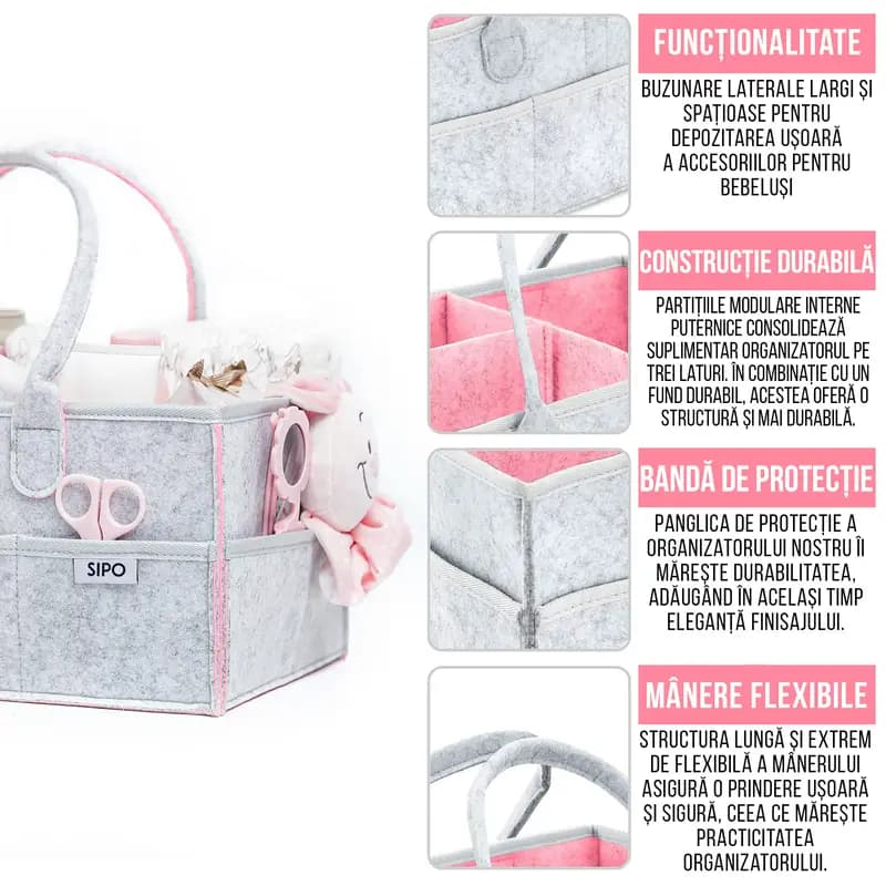 Gentuta mamicii, organizator scutece si accesorii copii si bebelusi, Pink, 38x26x18 cm