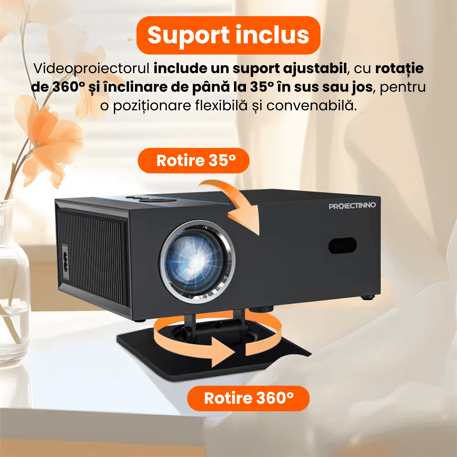 Videoproiector 4K, X6, Proiectinno, 16GB, Android 13 si Wi-Fi 2.4G/5G, Bluetooth 5.0, 12000 lumeni, audio Dolby,