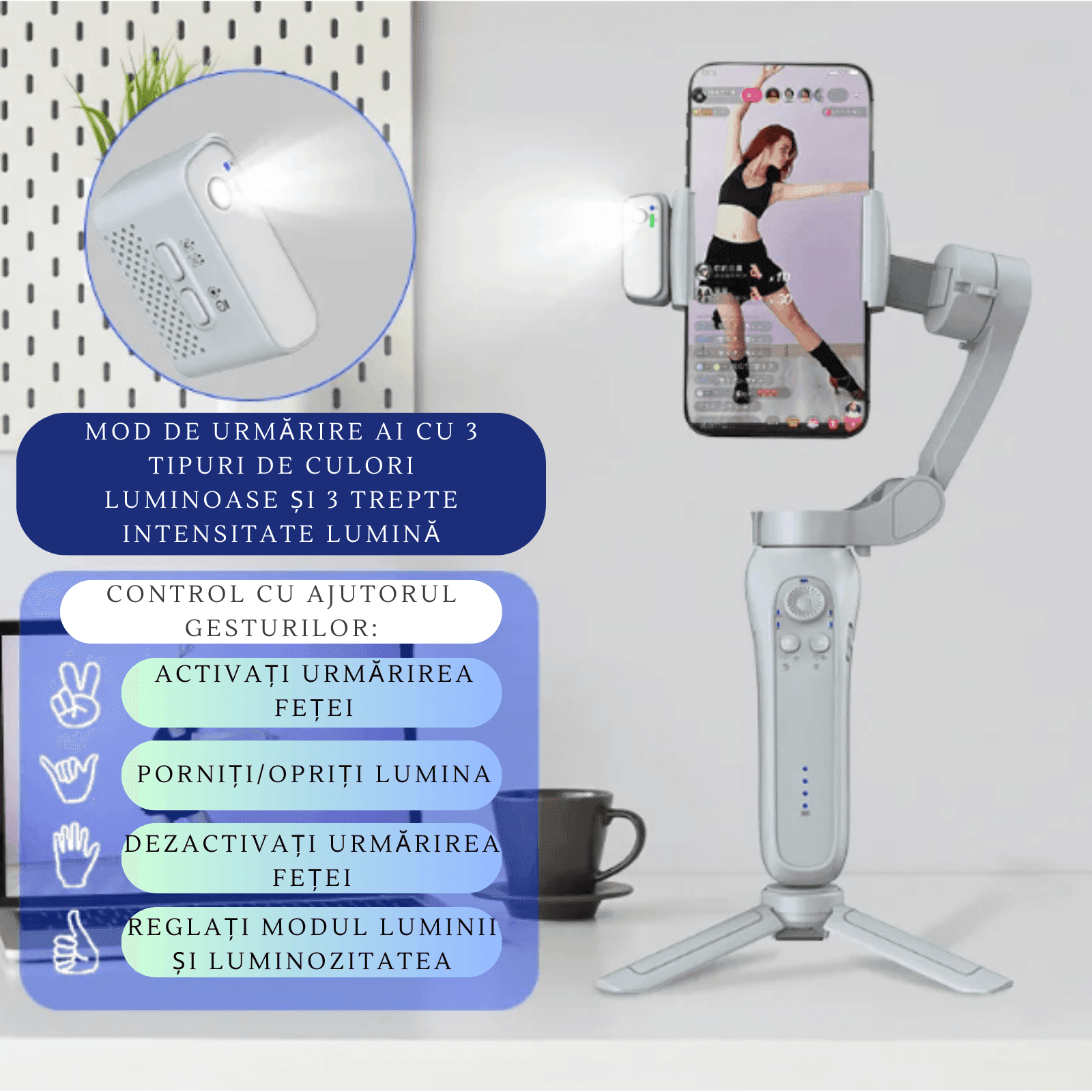 Stabilizator Imagine Profesional, Adsinio, Gimbal cu 3 Axe, 360°, Control prin Gesturi, Auto Face Tracking,