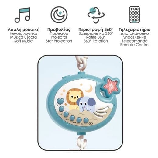 Carusel muzical pentru patutul bebelusilor, 360grade proiector, animalute, sunete,telecomanda, sunet adjustabil