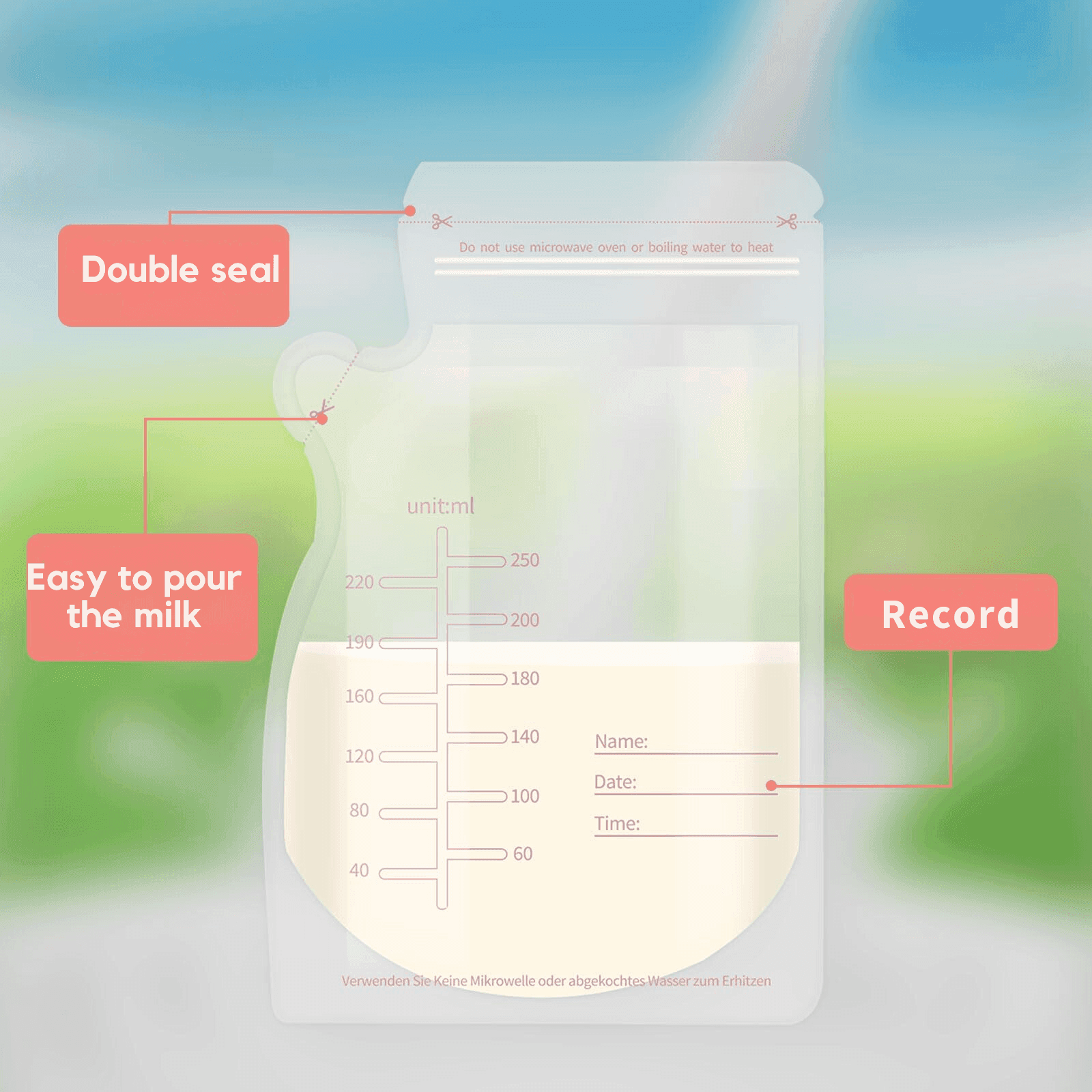 Pungi de depozitare a laptelui matern, Set 100 buc., 250 ml, Pre-sterilizate igienic, Pentru congelare si refrigerare