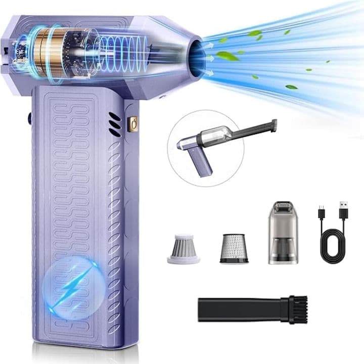 Suflanta Aer si Aspirator Fara Fir Turbo Fan, 2 in 1, portabila, 200W, 130000 RPM, Baterie 8000 mAh, Indepartare Praf