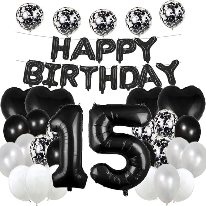 Set 25 baloane pentru ziua de nastere/aniversare, balon mare 15 ani, 101cm, negru