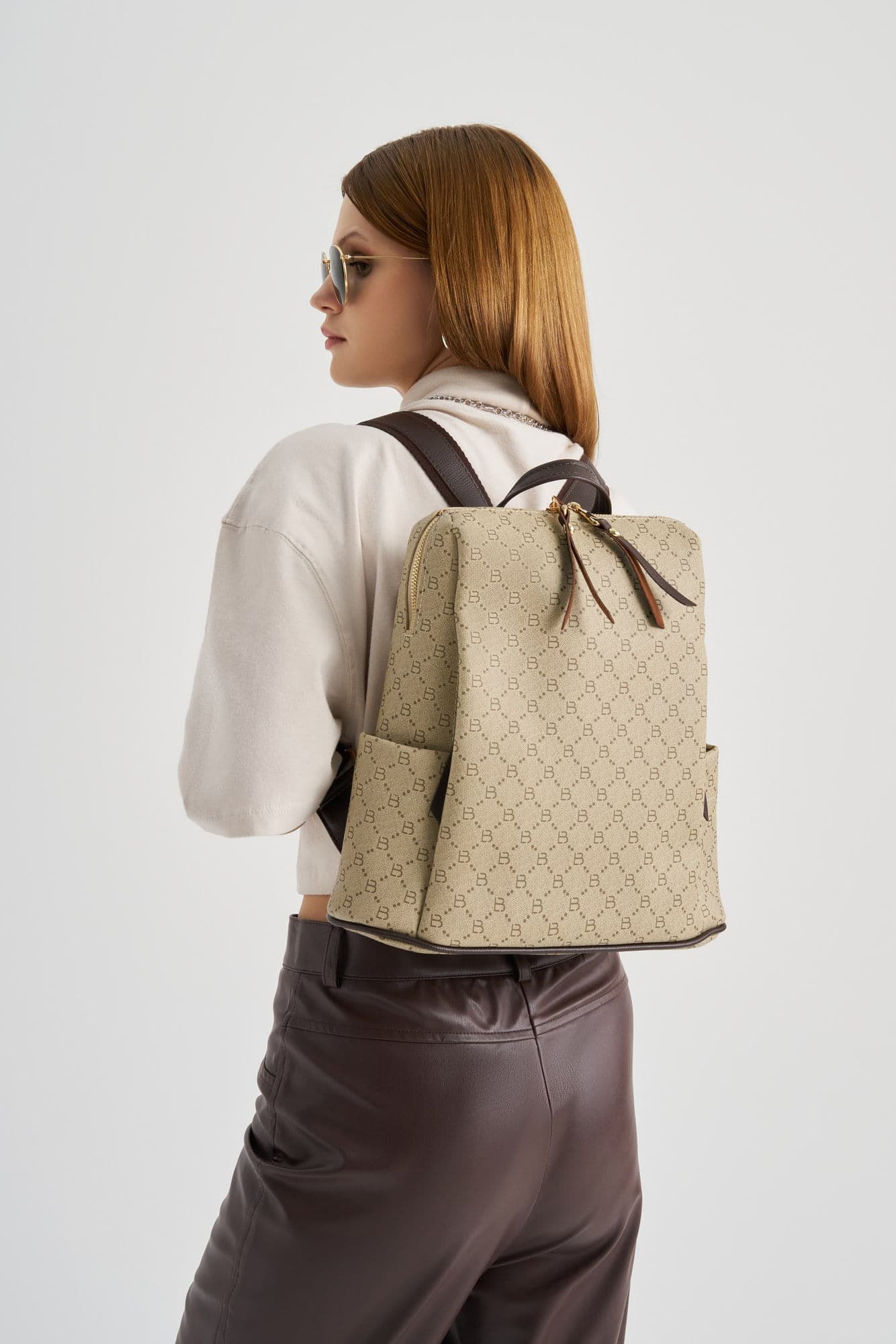 Rucsac, Lucky Bees, dama, crem maro, 34x13x35 cm, piele sintetica