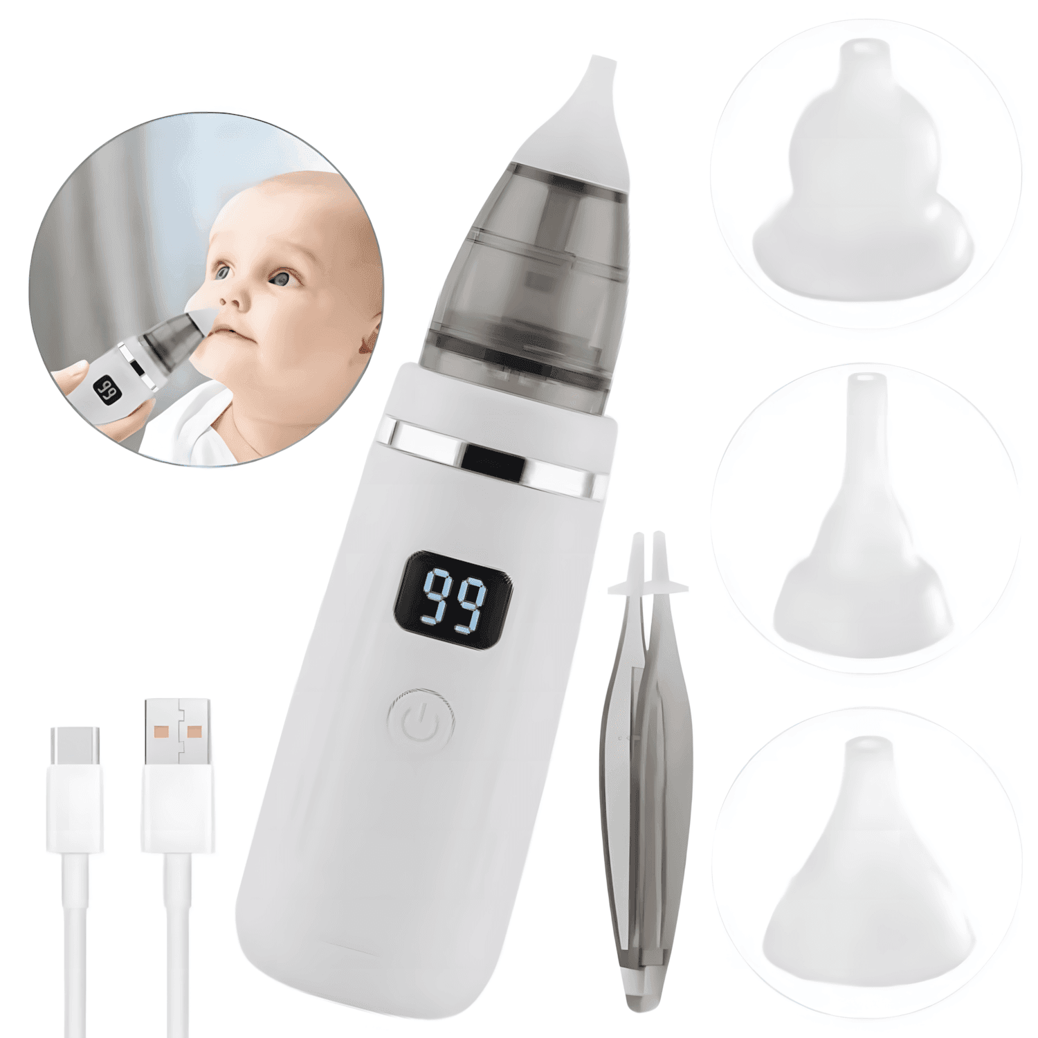 Aspirator nazal electric bebelusi si copii, nas si urechi, 5 trepte aspirare, Sistem anti-reflux, 3 capete de silicon