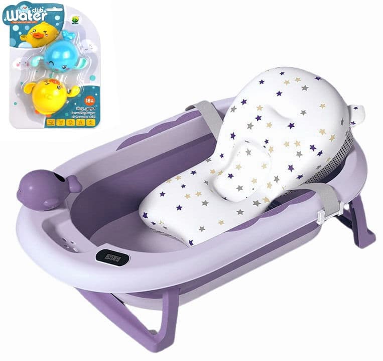 Cadita Pliabila cu Perna de Baie Hipoalergenica pentru Bebelusi LittleDomi®. 0-18 Luni, Termometru Incorporat, Suport