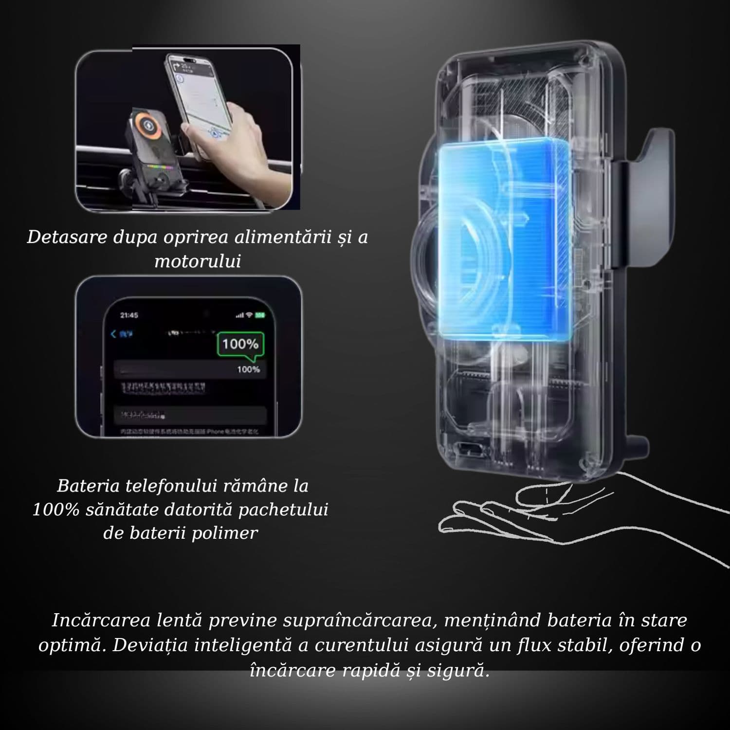 Suport Auto pentru telefon cu Incarcare Wireless,ajustare automata, Rotire la 90° Electrica, Luminos, Universala, Negru