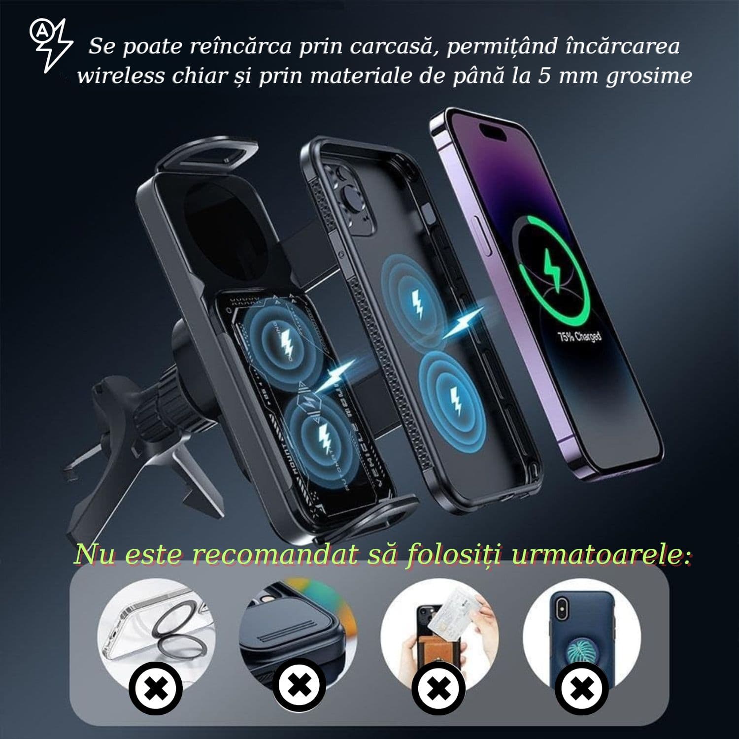 Suport auto cu Incarcare Wireless , Rotire Automata 90°,Ajustare automata, Compatibil cu Telefoane, Tablete si Navigatii