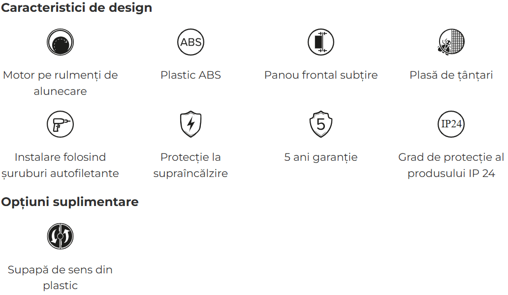 Ventilator baie cu clapeta antiretur VentEurope REFINED100BD, diametru 100 mm, plasa clapeta, 90 mc/h, IP24, 14W