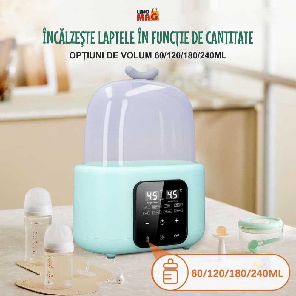 Sterilizator si Incalzitor Biberoane 8-in-1, Linomag®, 240ml, Temperatura Reglabila 37-100°C, Ecran LCD, Verde pal