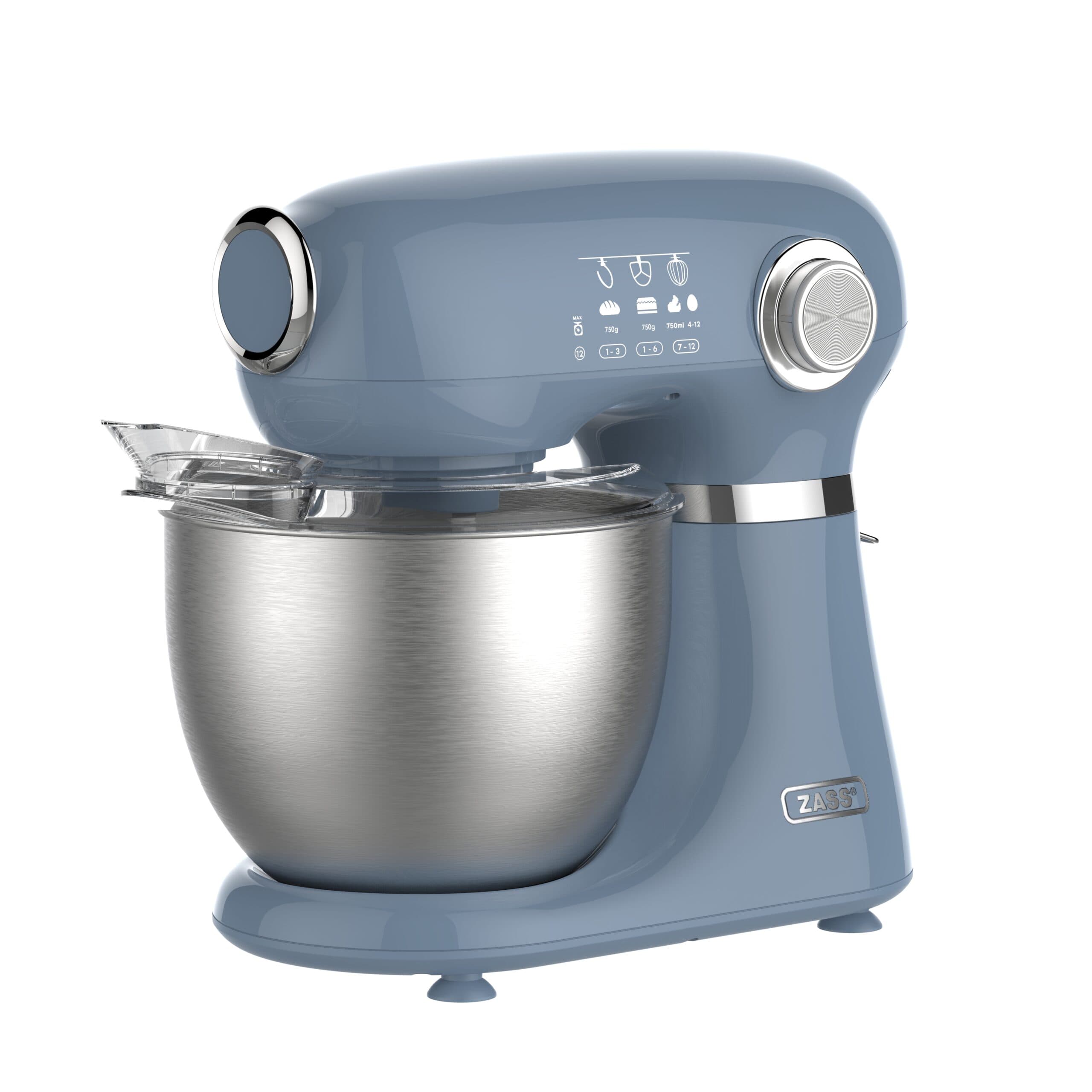 Mixer planetar ZASS ZPSM 15 Faded Denim, putere 1000 W, bol inox 5 L, 12 trepte de viteza, sistem mixare planetara