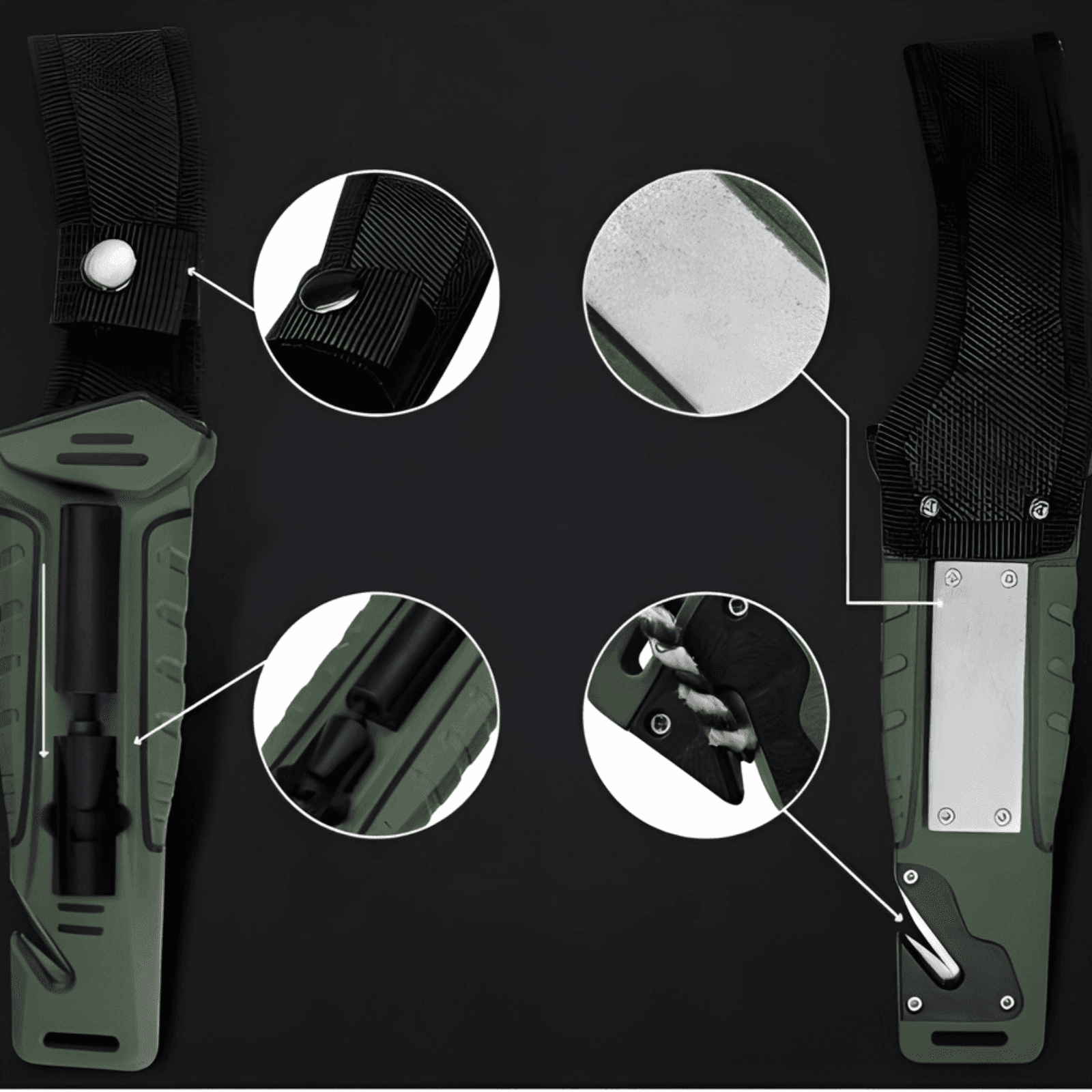 Cutit outdoor 25 cm cu husa, lama fixa inox, aprinzator foc, spargator geam si taietor franghie