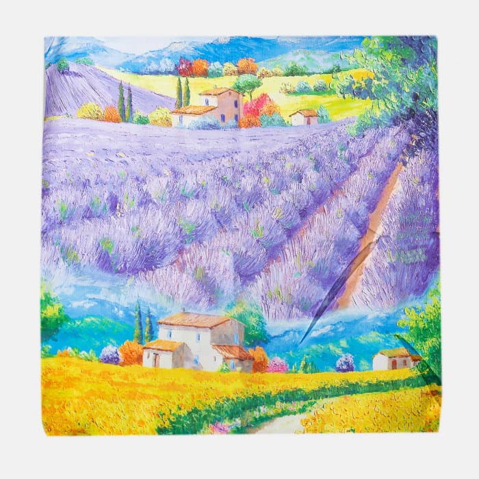 Esarfa patrata cu o singura fata imprimata cu model inspirat a unui tablou cu gradina de lavanda