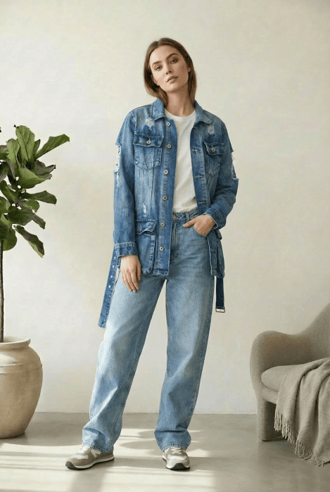 Geaca dreapta de blugi, denim, cu cordon in talie