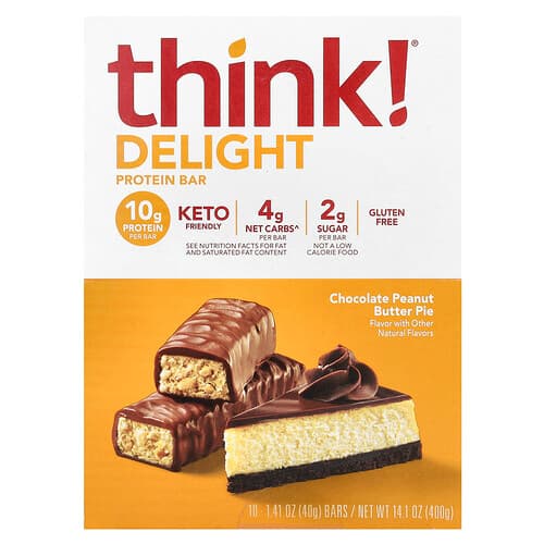 Think !, Baton proteic Delight, plăcintă cu unt de arahide cu ciocolată, 10 batoane, 1,41 oz (40 g) fiecare