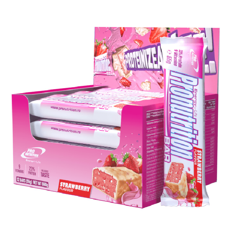 Cutie Batoane proteice capsuni, 12bucati*55g, Pro Nutrition