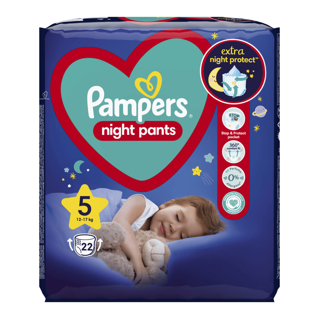 Scutece chilotel de noapte Night Pants, Marimea 5, 12-17 kg, 22 bucati, Pampers