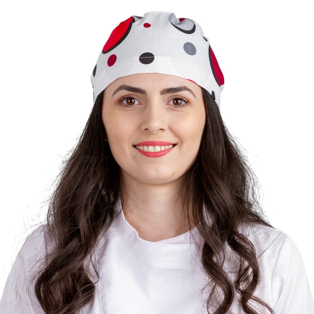 Boneta medicala PRIMA Imprimeu buline rosii, unisex, cu legaturi, bumbac