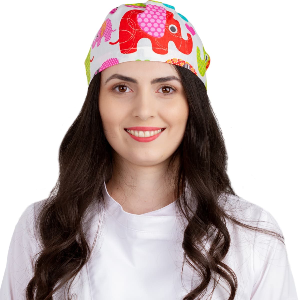 Boneta medicala PRIMA Imprimeu elefanti colorati, unisex, cu legaturi, bumbac